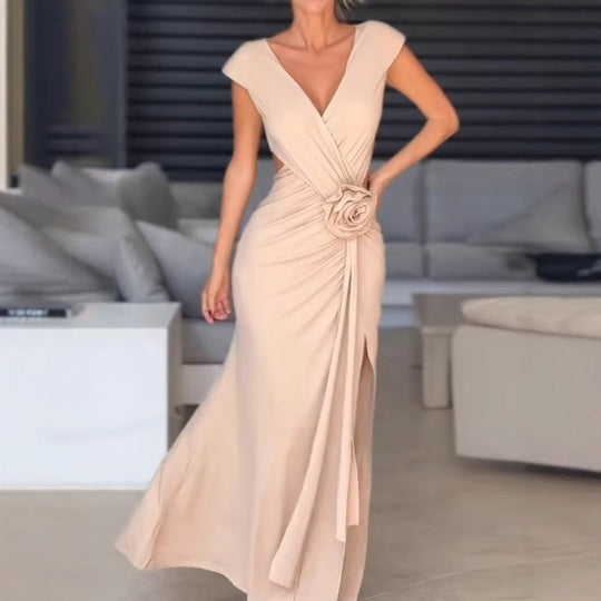 Damen Elegantes Wickelkleid mit floralem Detail und Schlitz EB