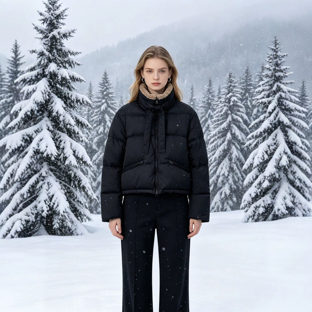 Damen nan cropped wattierte Jacke mit Sherpa-Kragen, hochschließendem Stehkragen und verdecktem Reißverschluss EB