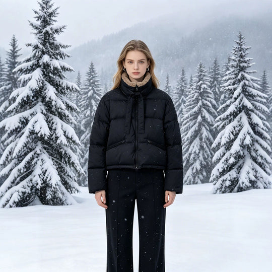 Damen nan cropped wattierte Jacke mit Sherpa-Kragen, hochschließendem Stehkragen und verdecktem Reißverschluss EB