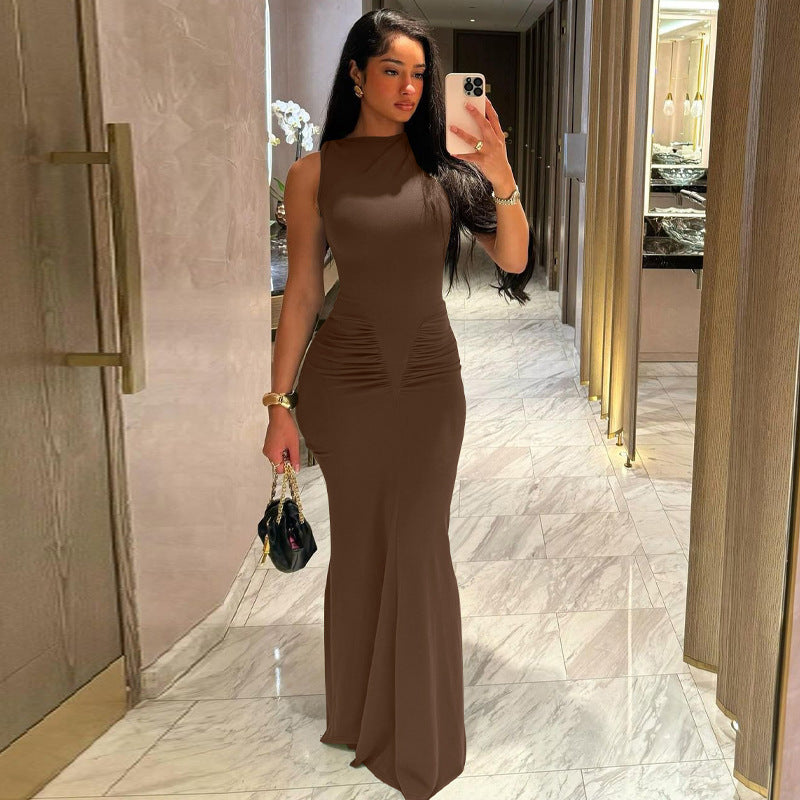 Damen Figurbetontes Maxikleid mit hochgeschlossenem Design und Raffung EB