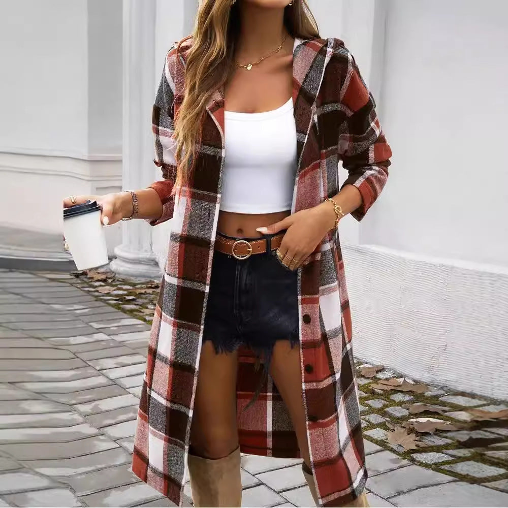 Damen Karomuster Longjacke mit Kapuze EB