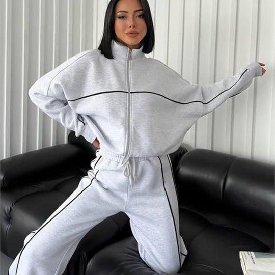 Damen nan Oversize Trainingsanzug Set mit Reißverschluss hohem Kragen und Kontrastpaspeln EB