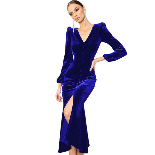 Damen Samt Maxikleid mit zentralem Knopfverschluss und seitlichem Schlitz EB