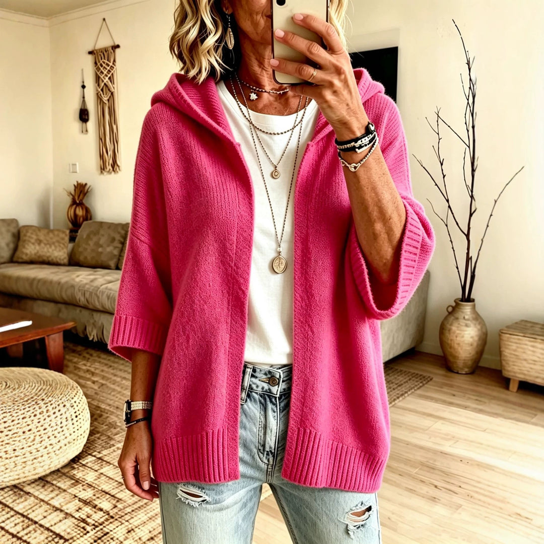 Damen Kapuzen-Longcardigan aus grobem Strick mit 3/4-Ärmeln und offener Front EB