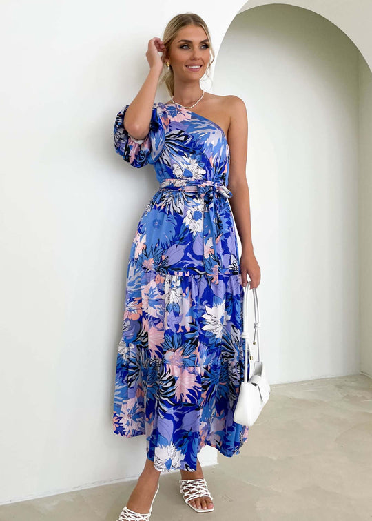 Damen Maxikleid mit verspieltem asymmetrischen Schnitt und Puffärmel EB