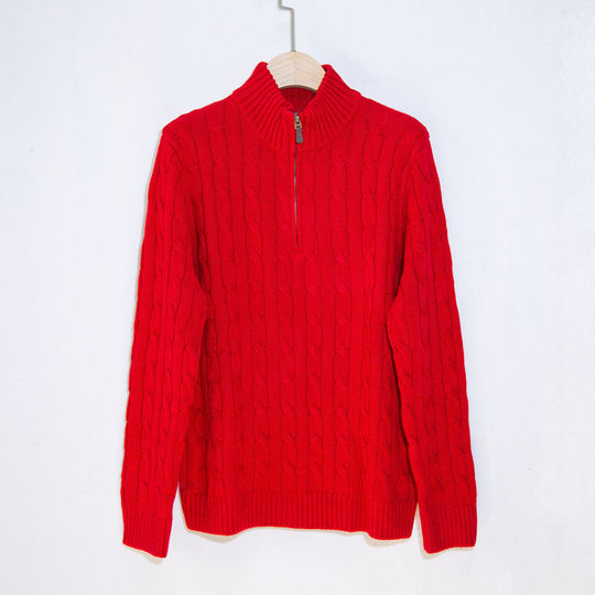 Herren eleganter Strickpullover mit halbem Reißverschluss und Zopfstrickmuster EB