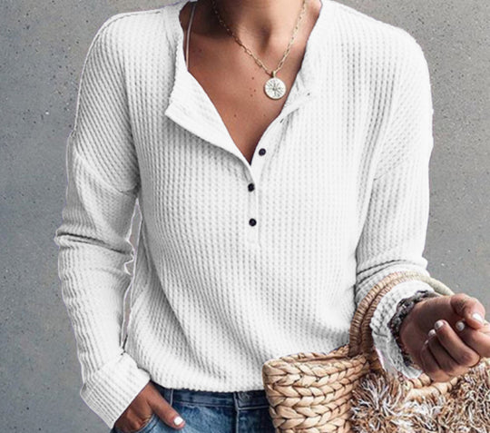 Damen Langarmhemd mit strukturiertem Waffelmuster und modischen Knopfdetails EB