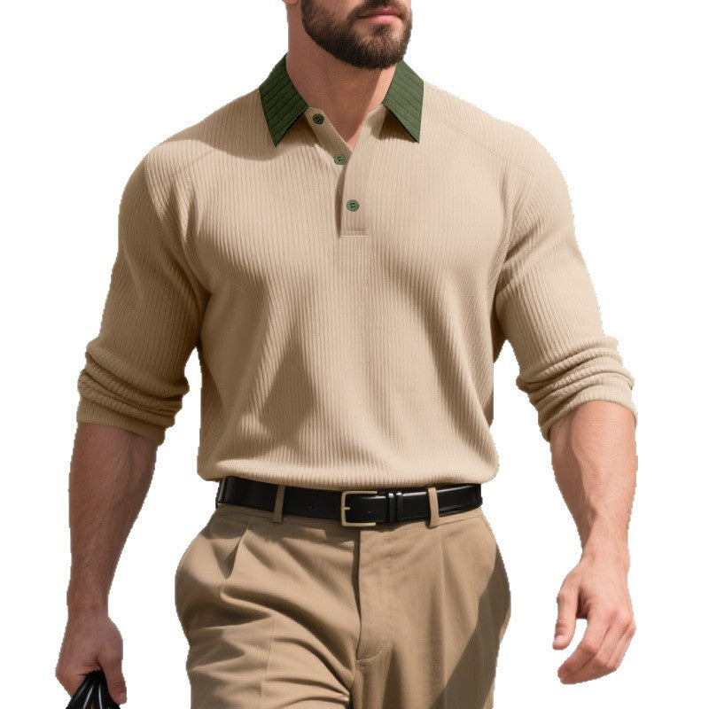 Herren langärmliges Polo-Hemd mit strukturierter Oberfläche und innovativem Kragen EB