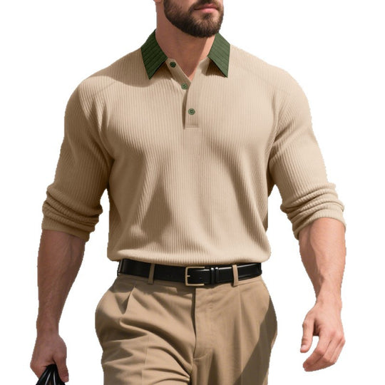 Herren langärmliges Polo-Hemd mit strukturierter Oberfläche und innovativem Kragen EB