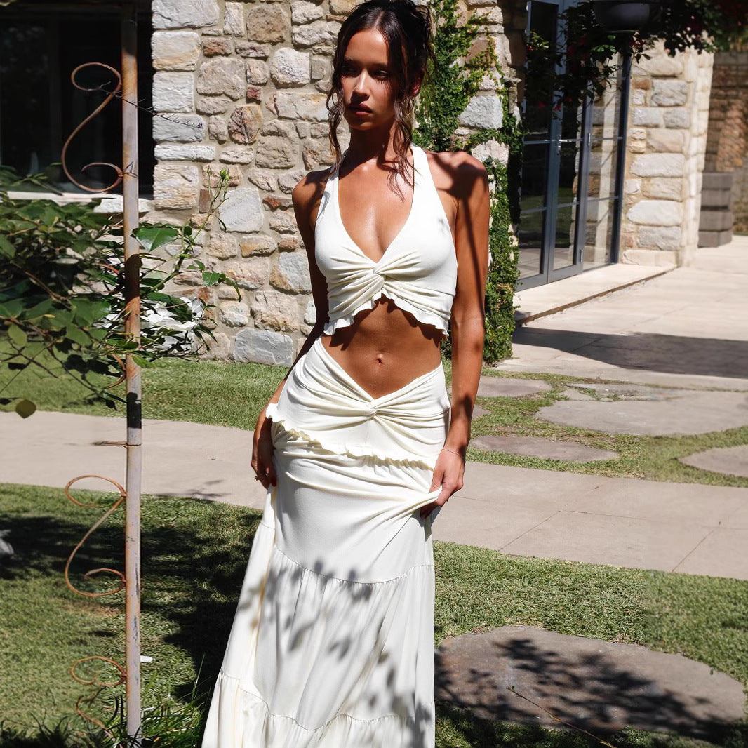Damen Zweiteiliges Sommerkleid mit raffiniertem Oberteil und fließendem Rock EB
