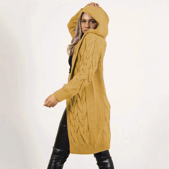 Damen Strickmantel mit Kapuze und Zopfmuster EB