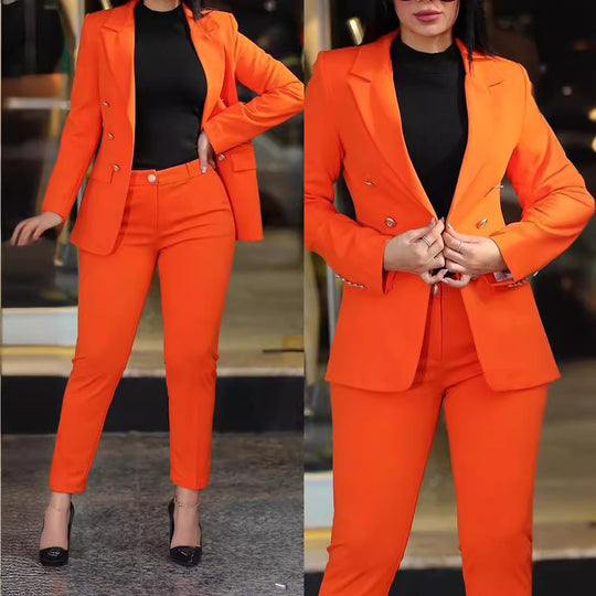 Damen nan tailliertes Business-Hosenanzug-Set mit doppelreihigem Reversblazer und schmal zulaufender Bundhose EB