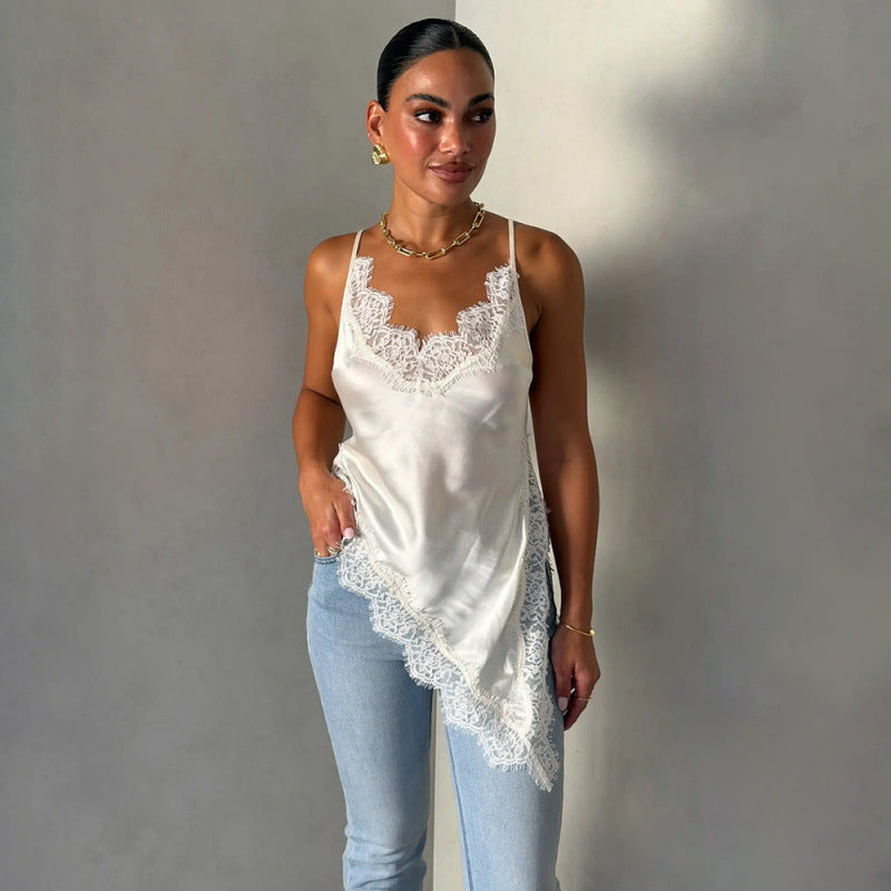 Damen Satin Top mit Spitzenverzierungen EB