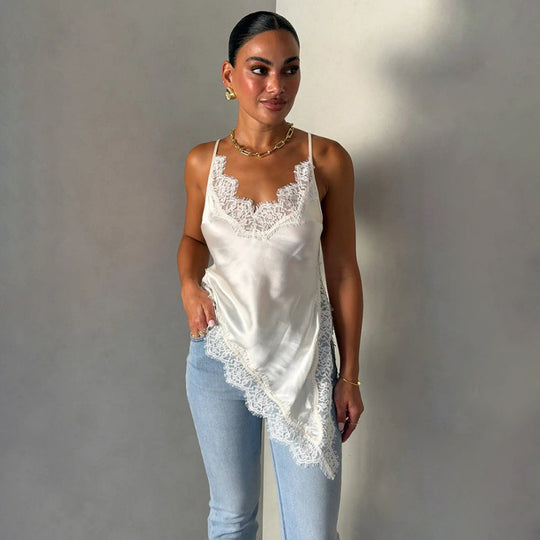 Damen Satin Top mit Spitzenverzierungen EB