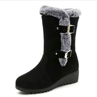 Damen Wedge-Stiefel mit gefüttertem Kunstfellkragen und verstellbaren Schnallen EB