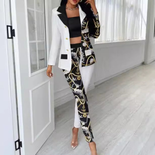 Damen Asymmetrisches Hahnentritt-Tailoring-Set mit Zweifarbiger Halb-Detailierung EB