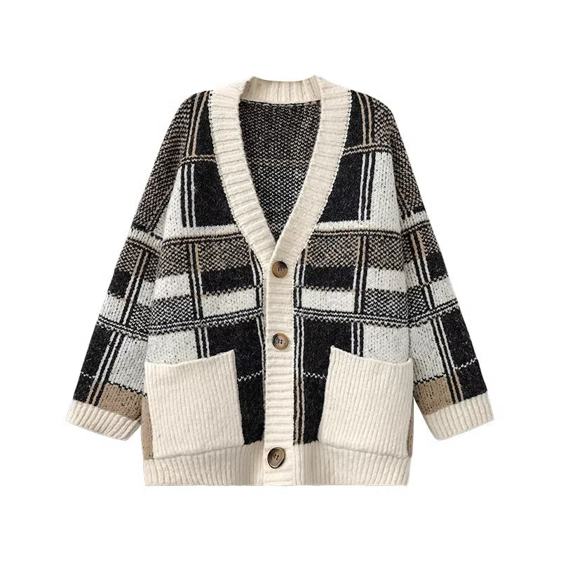 Damen Modischer Oversized Cardigan mit Karomuster EB