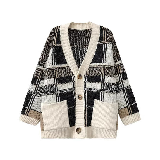 Damen Modischer Oversized Cardigan mit Karomuster EB
