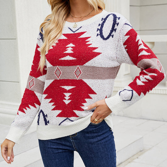 Damen gemusterter Strickpullover mit modernem Ethnomuster EB