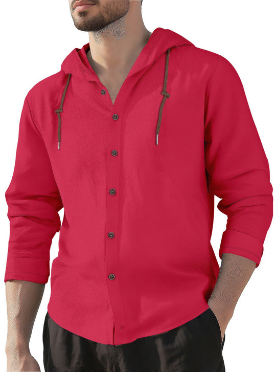 Herren nan Kapuzenhemd im Leinen-Look mit durchgehender Knopfleiste und Kordelzug EB