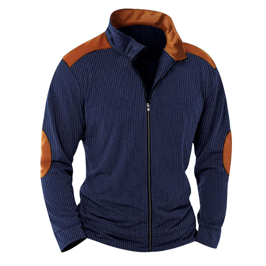 Herren nan strukturierte Strick‑Hybridjacke mit Stehkragen Kontrasteinsätzen und Ellbogenpatches EB