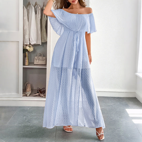 Damen Off-Shoulder Maxikleid mit feinem Punktedesign und Taillenbindung EB