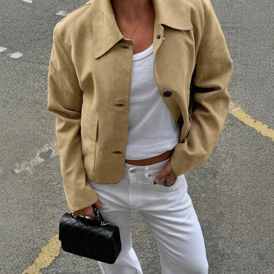 Damen modische Wildlederjacke mit praktischen Taschen und klassischem Kragen EB