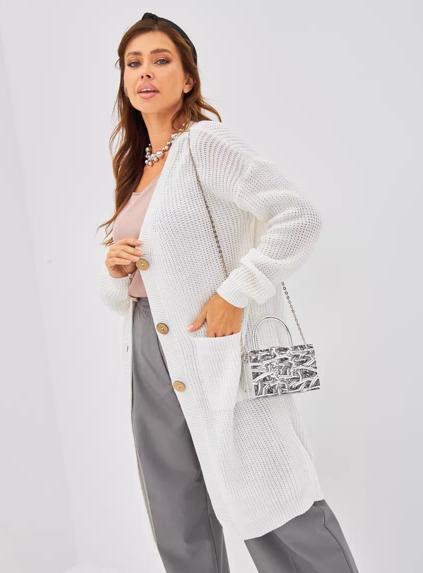 Damen Grobstrick-Cardigan mit schlichten Holzknöpfen und praktischen Taschen EB