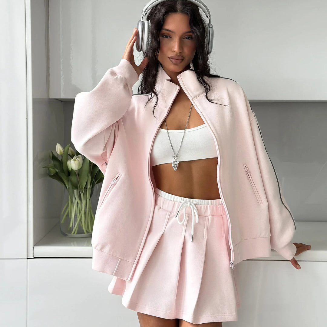 Damen sportliches Oversized Jacken- und Rock-Set mit Reißverschluss und elastischem Bund EB