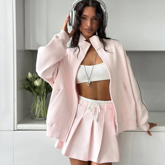 Damen sportliches Oversized Jacken- und Rock-Set mit Reißverschluss und elastischem Bund EB