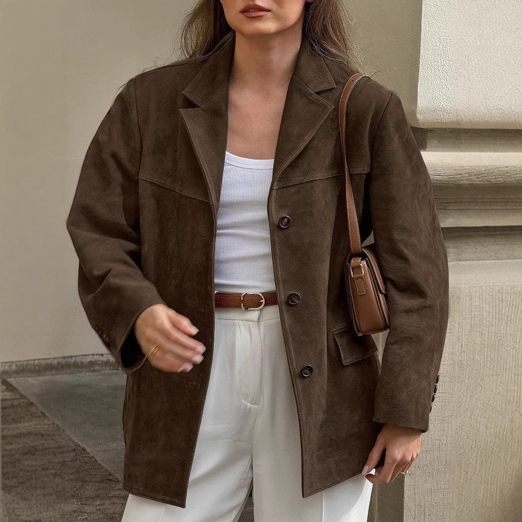 Damen elegante Wildlederjacke im Oversized-Stil mit Taschen EB