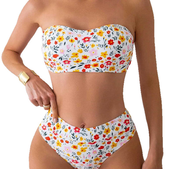 Damen Bandeau-Bikini mit hoch geschnittenem Unterteil und floralem Print EB
