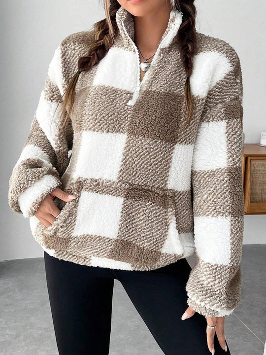 Damen nan kuscheliger Sherpa-Pullover mit Stehkragen, Half-Zip und Kängurutasche EB