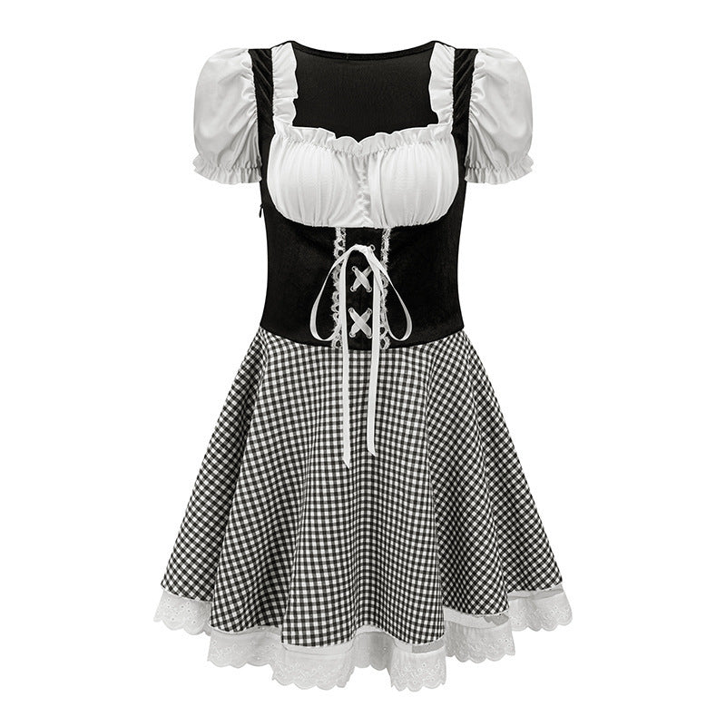 Damen nan bayerisch inspiriertes Mini-Dirndl mit geschnürtem Mieder, Puffärmeln und Vichykaro-Rock EB