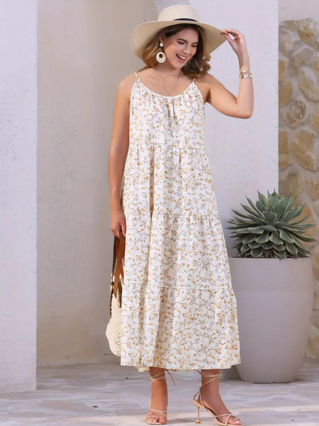 Damen luftiges Maxikleid mit floralem Muster und Spaghettiträgern EB