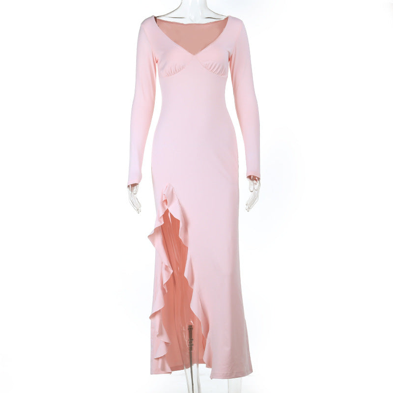 Damen elegantes Maxikleid mit Rüschen und tiefem Ausschnitt EB