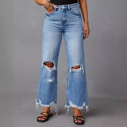 Damen Flared Jeans mit Distressed-Effekten und hohem Bund EB