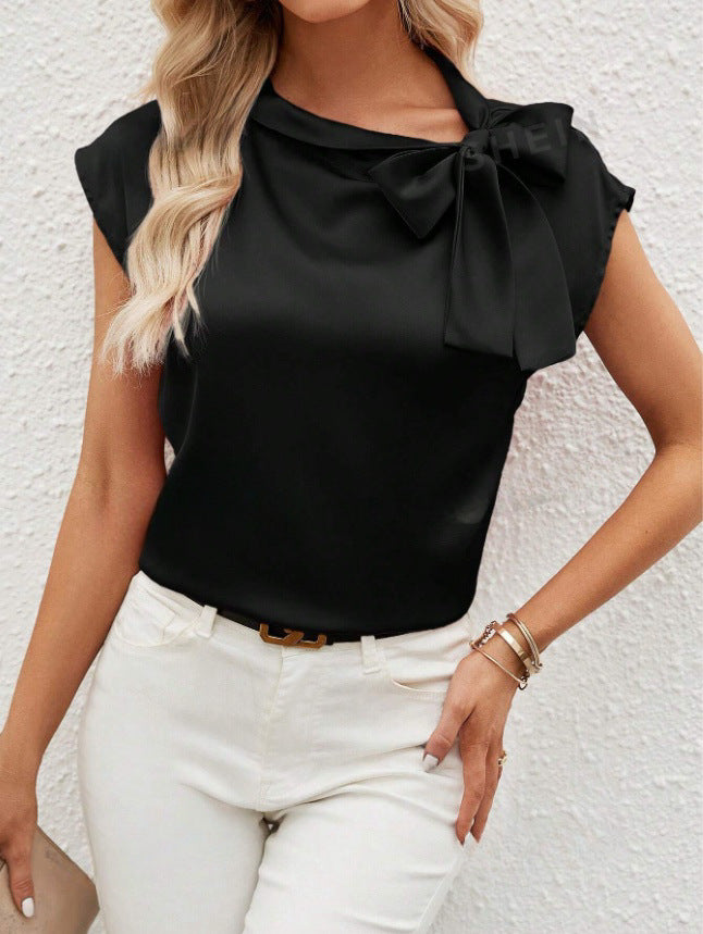 Damen elegante Bluse mit dekorativem Schleifen-Detail und schimmerndem Finish EB