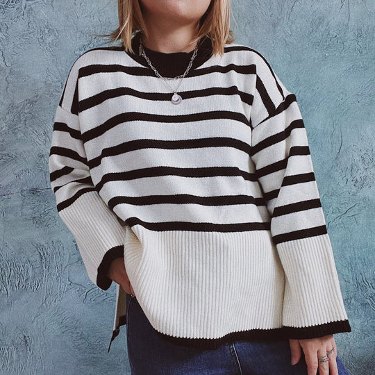 Damen lässiger Strickpullover mit modernem Streifenmuster und feiner Rippstruktur EB