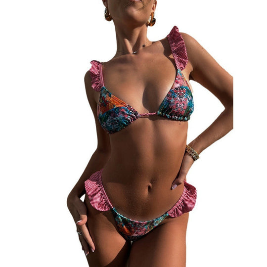 Damen Triangel-Bikini mit fröhlichem Blumenmuster und Rüschendetails EB