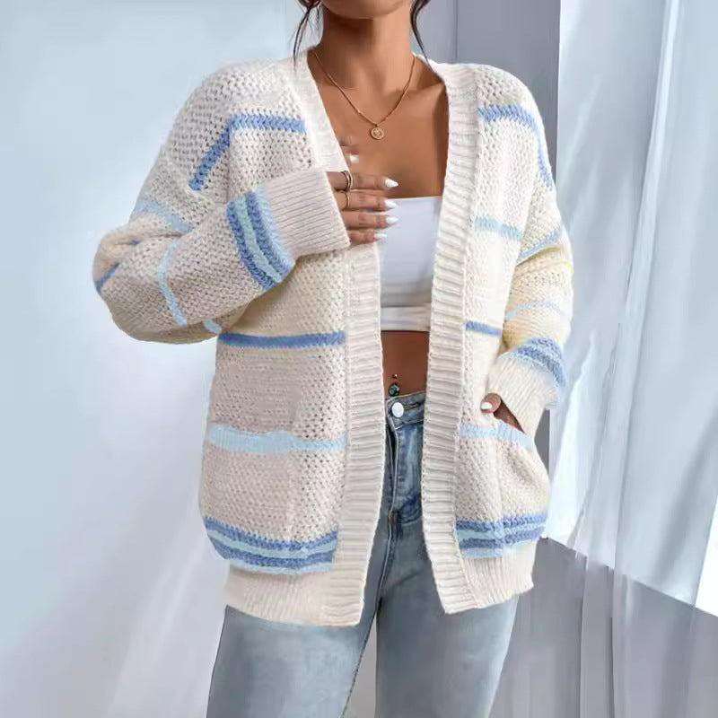 Damen gemütlicher Strickcardigan mit bunten Streifen EB