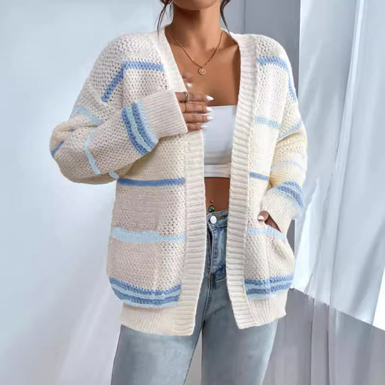 Damen gemütlicher Strickcardigan mit bunten Streifen EB