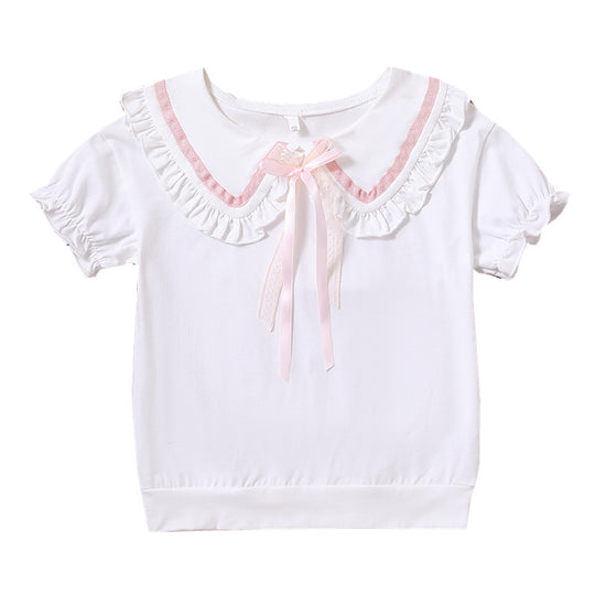Mädchen T-Shirt mit rüschenverziertem Kragen und Schleifenakzenten EB