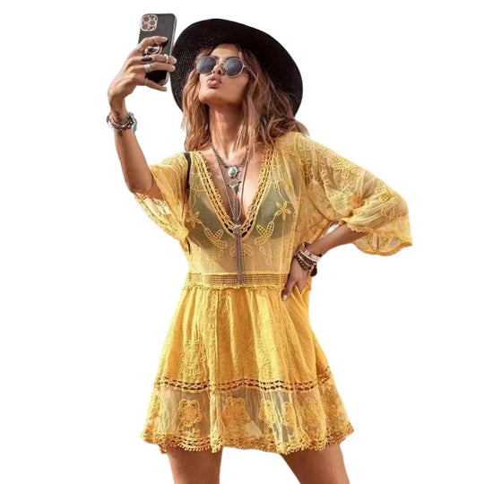 Damen luftiger Beachcover-Up mit aufwendiger Stickerei EB