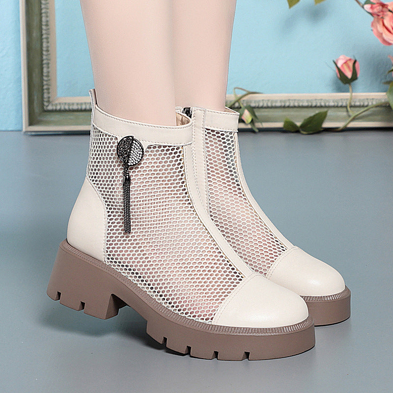 Damen Mesh-Stiefeletten mit robustem Blockabsatz und elegantem Schmuckdetail EB