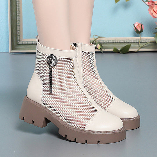Damen Mesh-Stiefeletten mit robustem Blockabsatz und elegantem Schmuckdetail EB