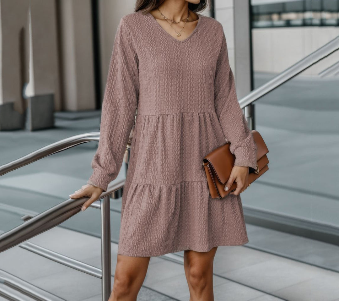 Damen Strickkleid mit V-Ausschnitt und voluminösem Rock EB