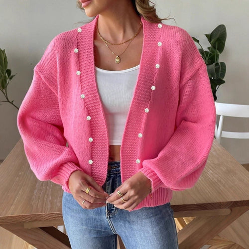 Damen Strickjacke mit dekorativen Perlenknöpfen und weitem Schnitt EB