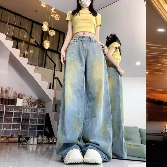 Damen weite High-Waist Jeans im lässigen Stil mit individuellen Waschungen EB