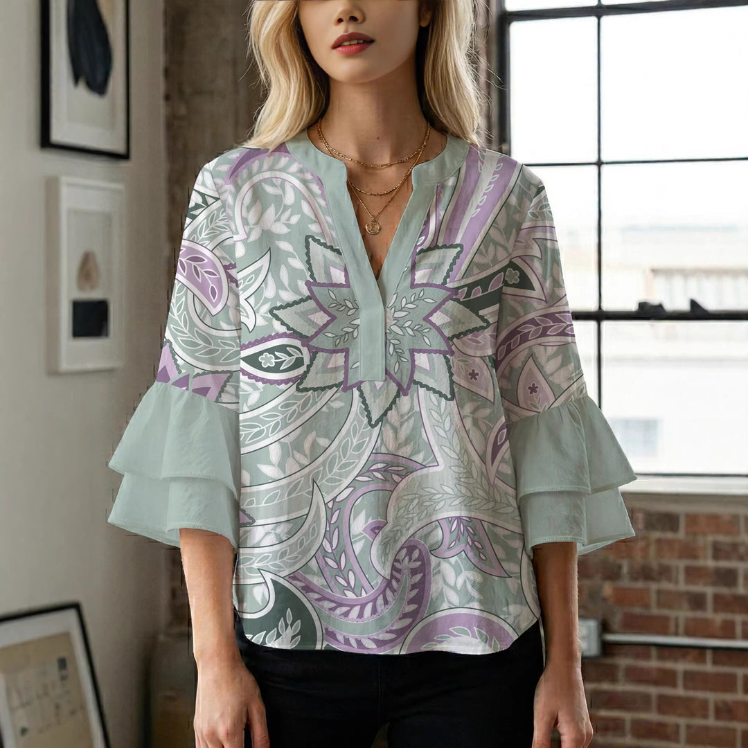 Damen Bluse mit voluminösen Rüschenärmeln und kreativem Floraldesign EB